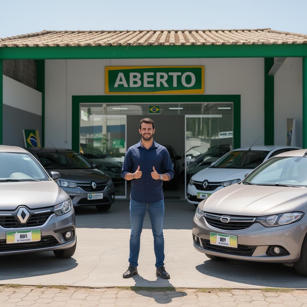 Empresário em frente à loja de carros usados recém-aberta com placa Aberto Empresário em frente à loja de carros usados recém-aberta com placa Aberto