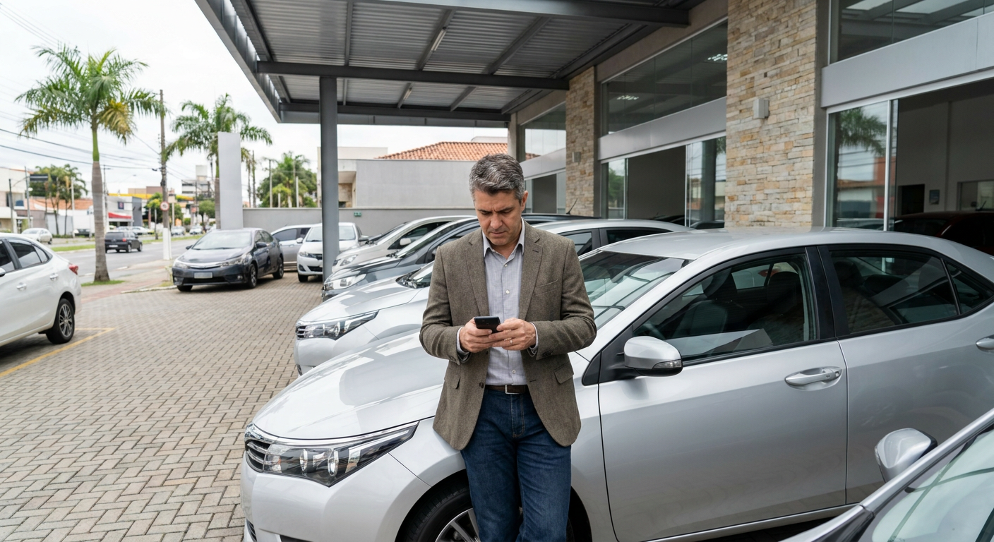 Gerente de loja de veículos usando um app para revenda de veículos em seu celular no pátio da loja