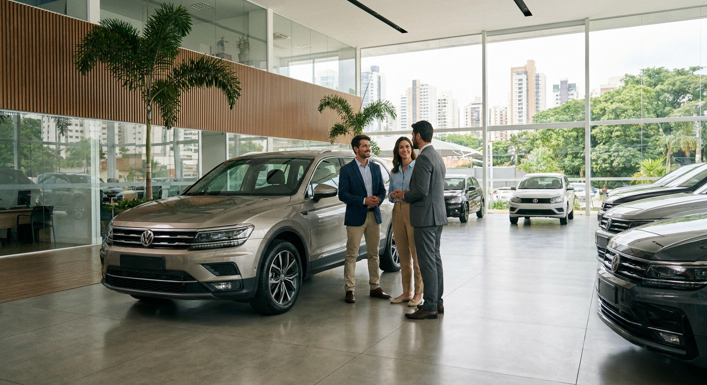 Vendedor explicando sobre o cadastro positivo para financiamento de veículo em uma revenda de carros Vendedor explicando sobre o cadastro positivo para financiamento de veículo em uma revenda de carros