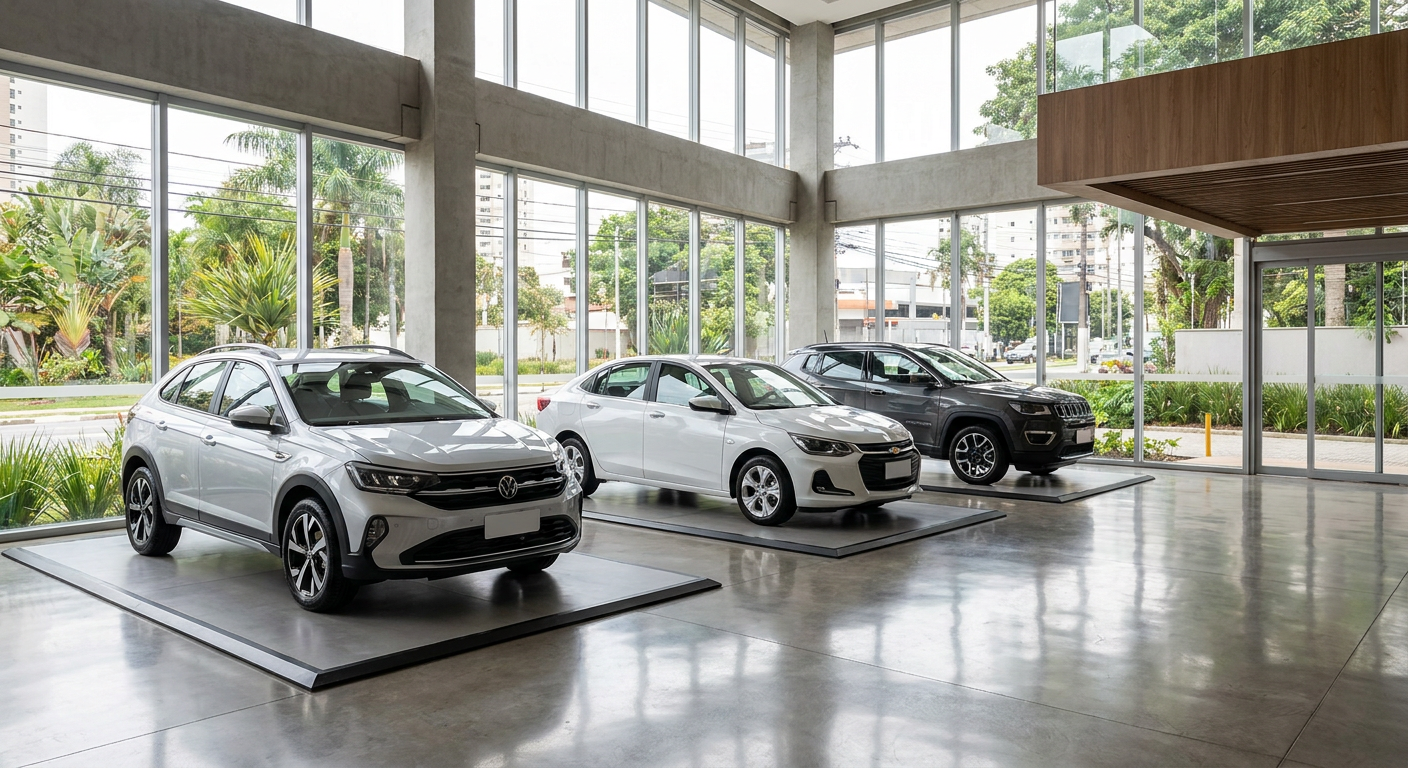 Interior de uma revenda de veículos sendo preparada para a divulgação de carros na internet