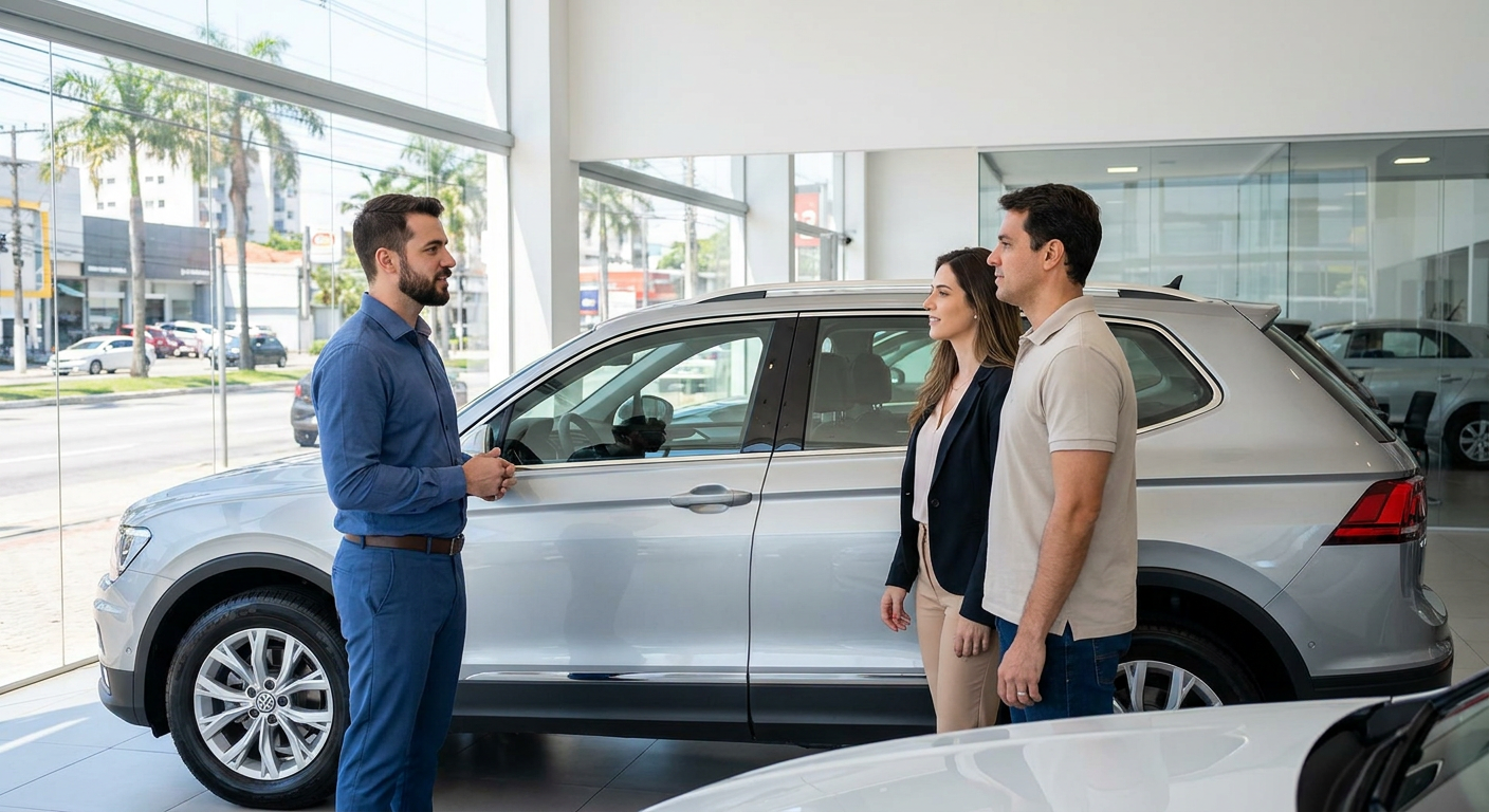 Vendedor de carros profissional explicando como negociar venda de carros para um casal em uma revenda de veículos.