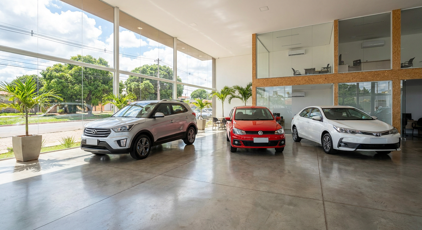Showroom de uma revenda de veículos, ilustrando como vender mais carros usados com um ambiente profissional.