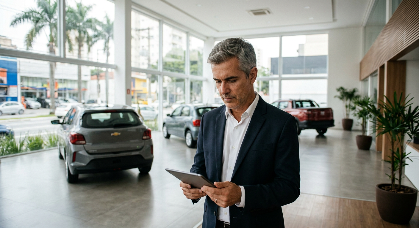 Gerente de uma revenda fazendo o controle de estoque de carros em um tablet