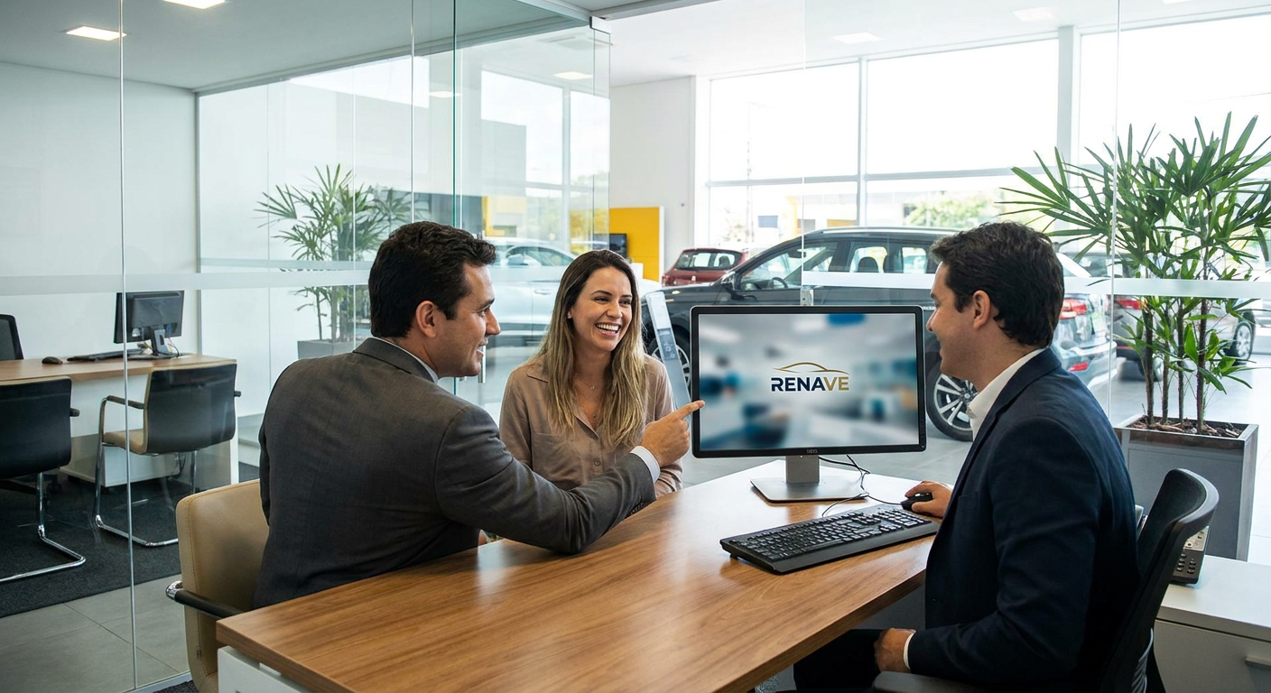 Gerente de revenda explicando o processo de emissão do CRLV-e digital para um cliente. Gerente de revenda explicando o processo de emissão do CRLV-e digital para um cliente.
