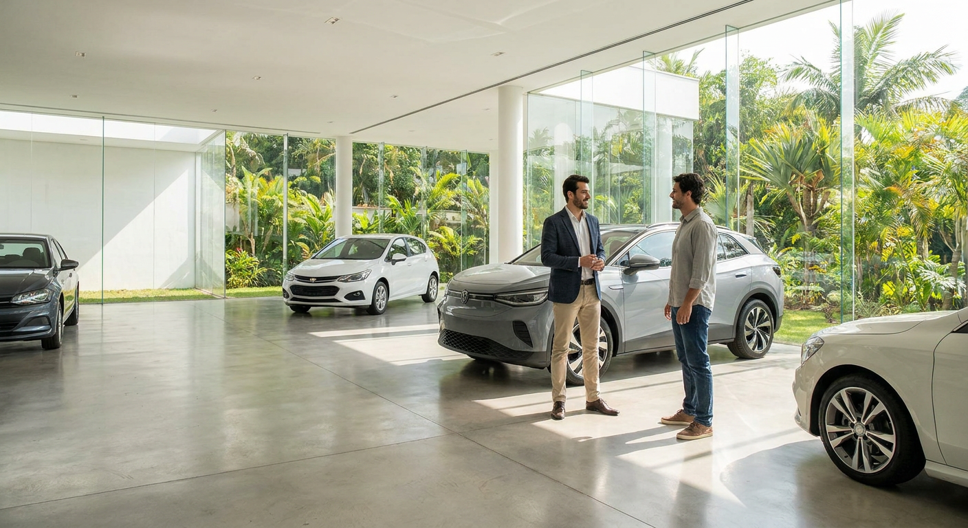 Vendedor explicando as vantagens de um carro para um cliente em uma revenda de veículos que utiliza um crm para revenda de veículos.
