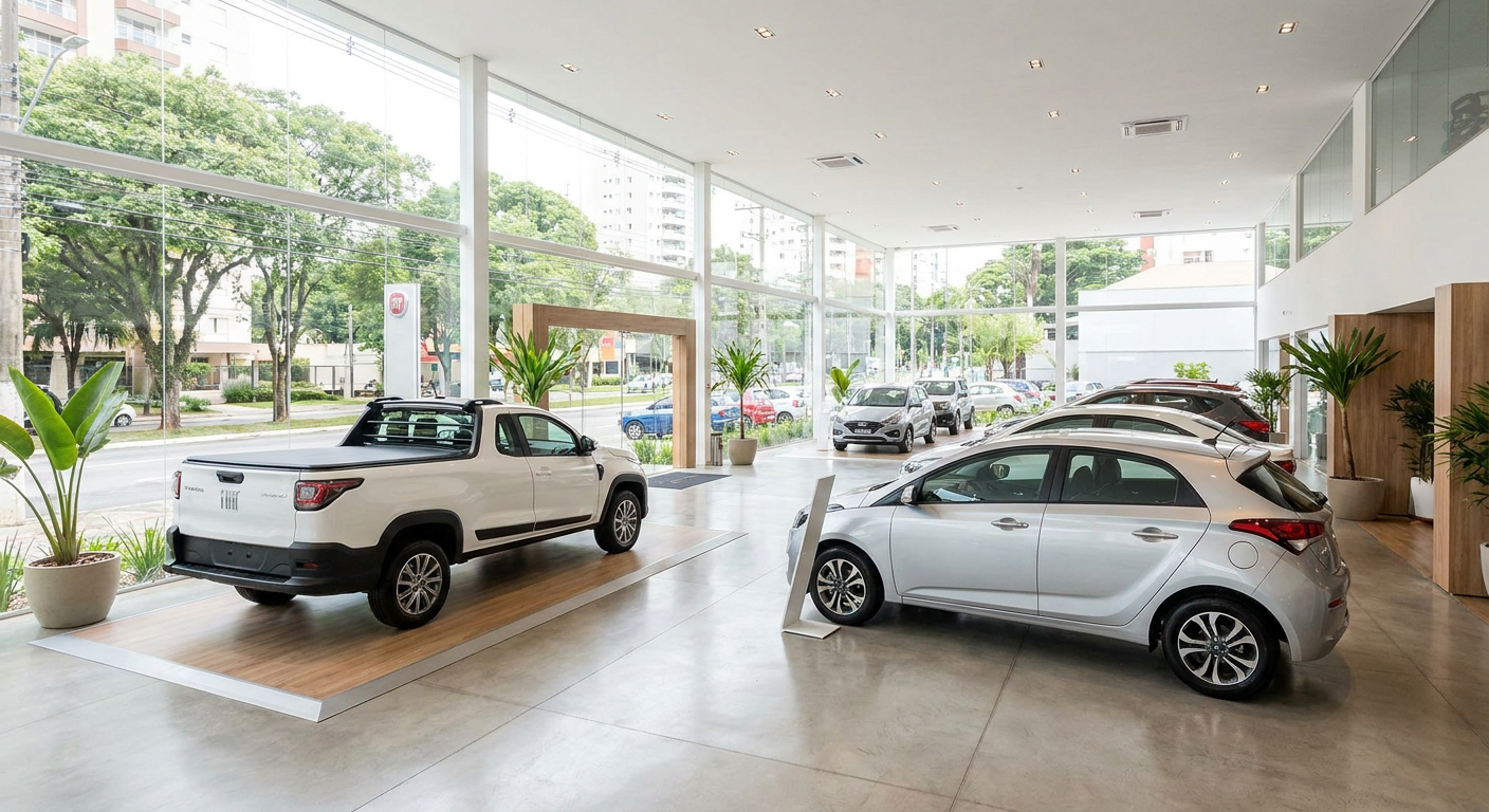 Balcão de atendimento com carros ao fundo, ilustrando o marketing digital para revenda de veículos