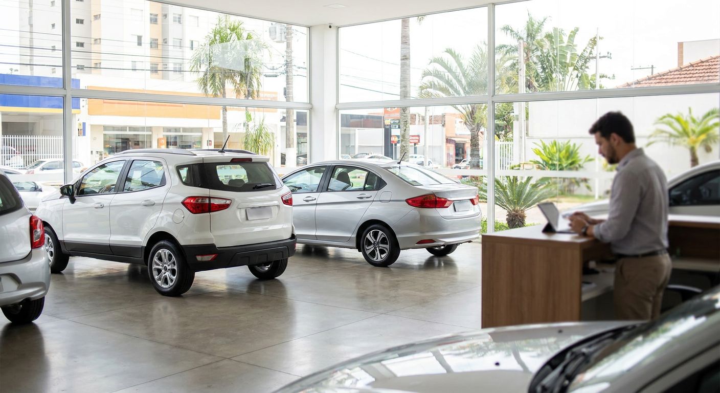 Gerente utilizando o melhor sistema para loja de carros usados em um tablet dentro do showroom. Gerente utilizando o melhor sistema para loja de carros usados em um tablet dentro do showroom.
