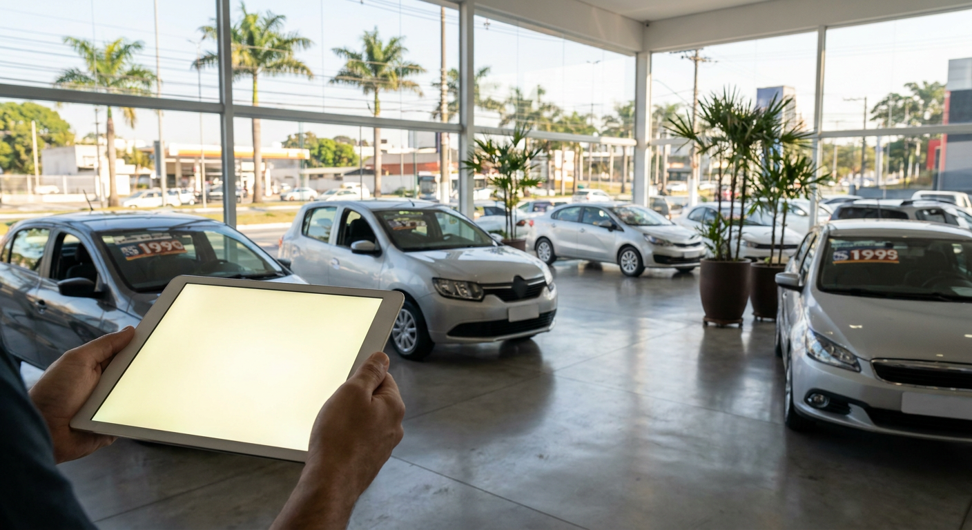Lojista em uma revenda de veículos consultando informações sobre o que é Renave em um tablet