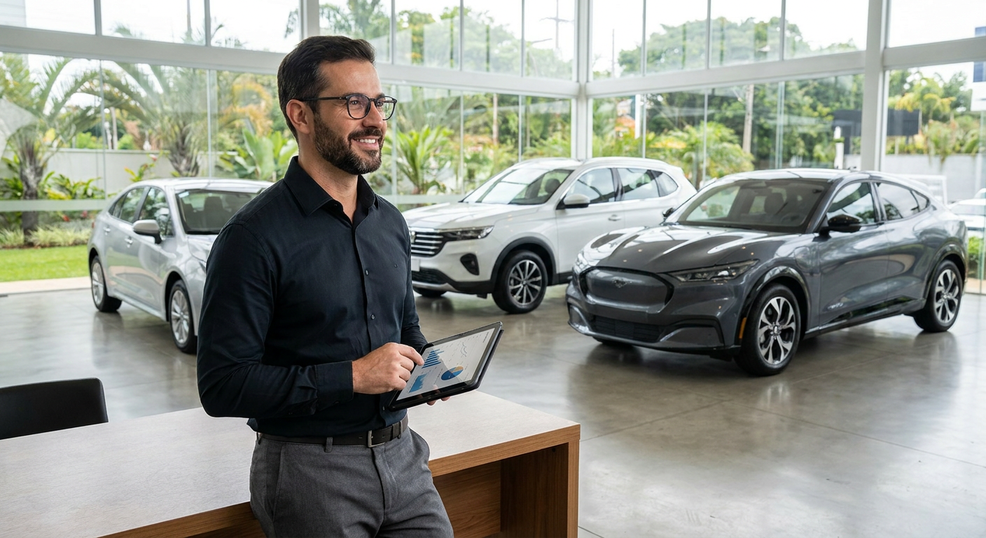 Gerente de loja utilizando um sistema para revenda de veículos em um tablet dentro do showroom. Gerente de loja utilizando um sistema para revenda de veículos em um tablet dentro do showroom.