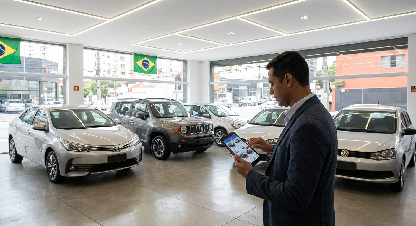 Gerente de revenda consultando preços em um tablet para entender como usar a tabela fipe na revenda de veículos.