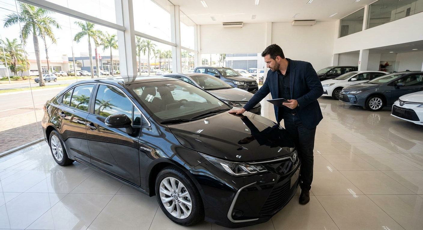 Gerente de revenda de veículos realizando uma vistoria veicular em um carro no pátio. Gerente de revenda de veículos realizando uma vistoria veicular em um carro no pátio.