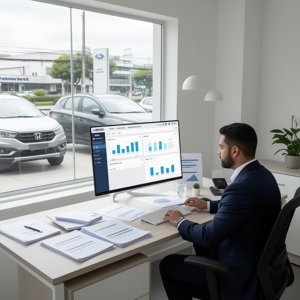 Gestor de revenda analisando relatórios de ERP em monitor com veículos ao fundo Gestor de revenda analisando relatórios de ERP em monitor com veículos ao fundo
