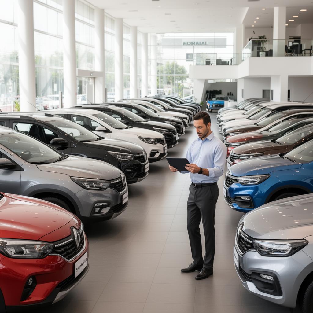 Gerente de revenda multimarcas com tablet vistoriando carros de várias marcas no showroom Gerente de revenda multimarcas com tablet vistoriando carros de várias marcas no showroom