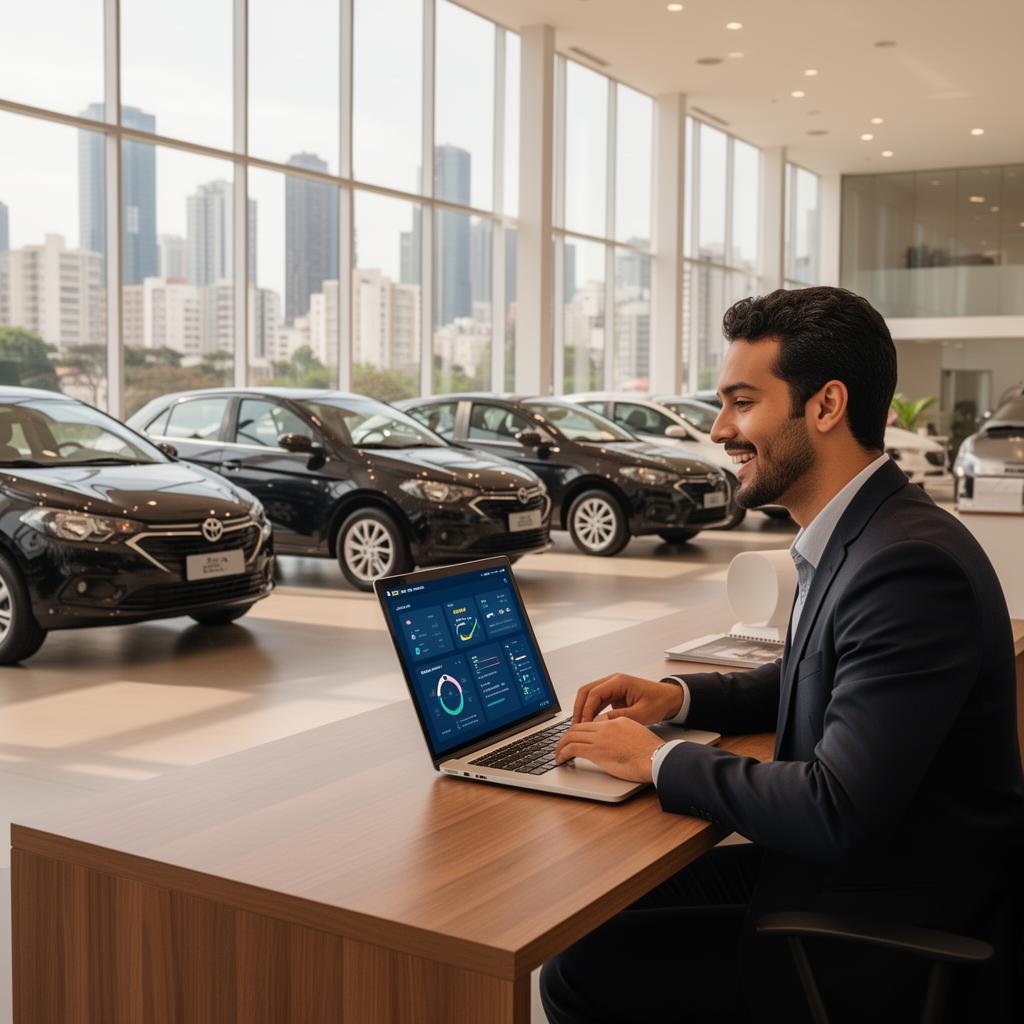 Vendedor em revenda de veículos em São Paulo usando sistema ItCar no notebook Vendedor em revenda de veículos em São Paulo usando sistema ItCar no notebook